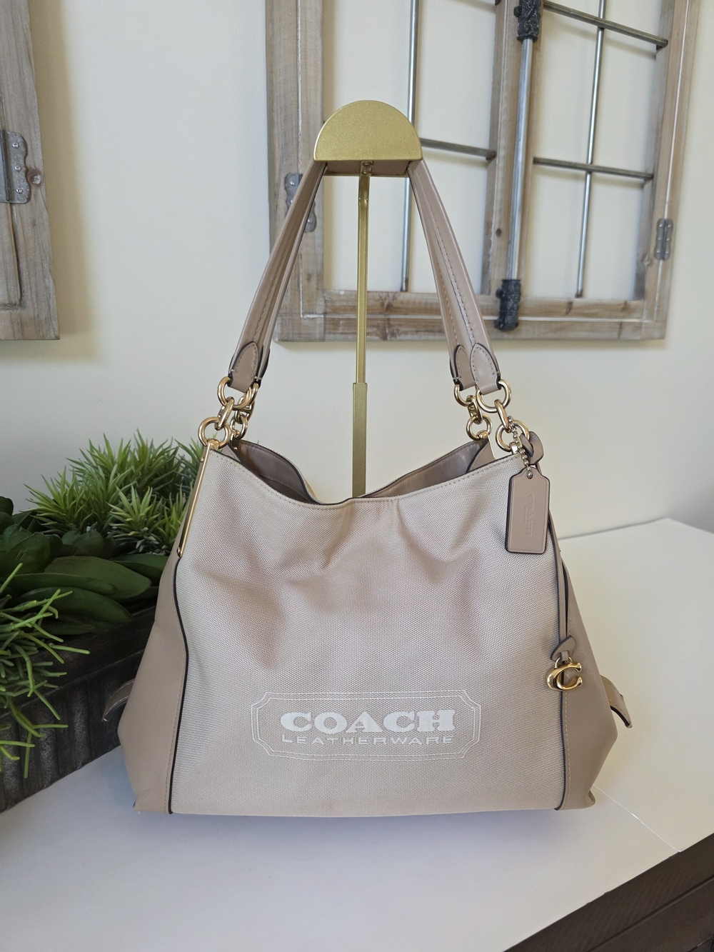 Coach Dalton 31 Badge Jacquard Shoulder Tote Bag Chalk Beige Gold Hardware